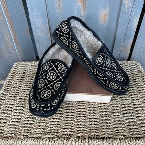 Tory Burch T Monogram Buddy Shearling Slipper Black Sz 10.5